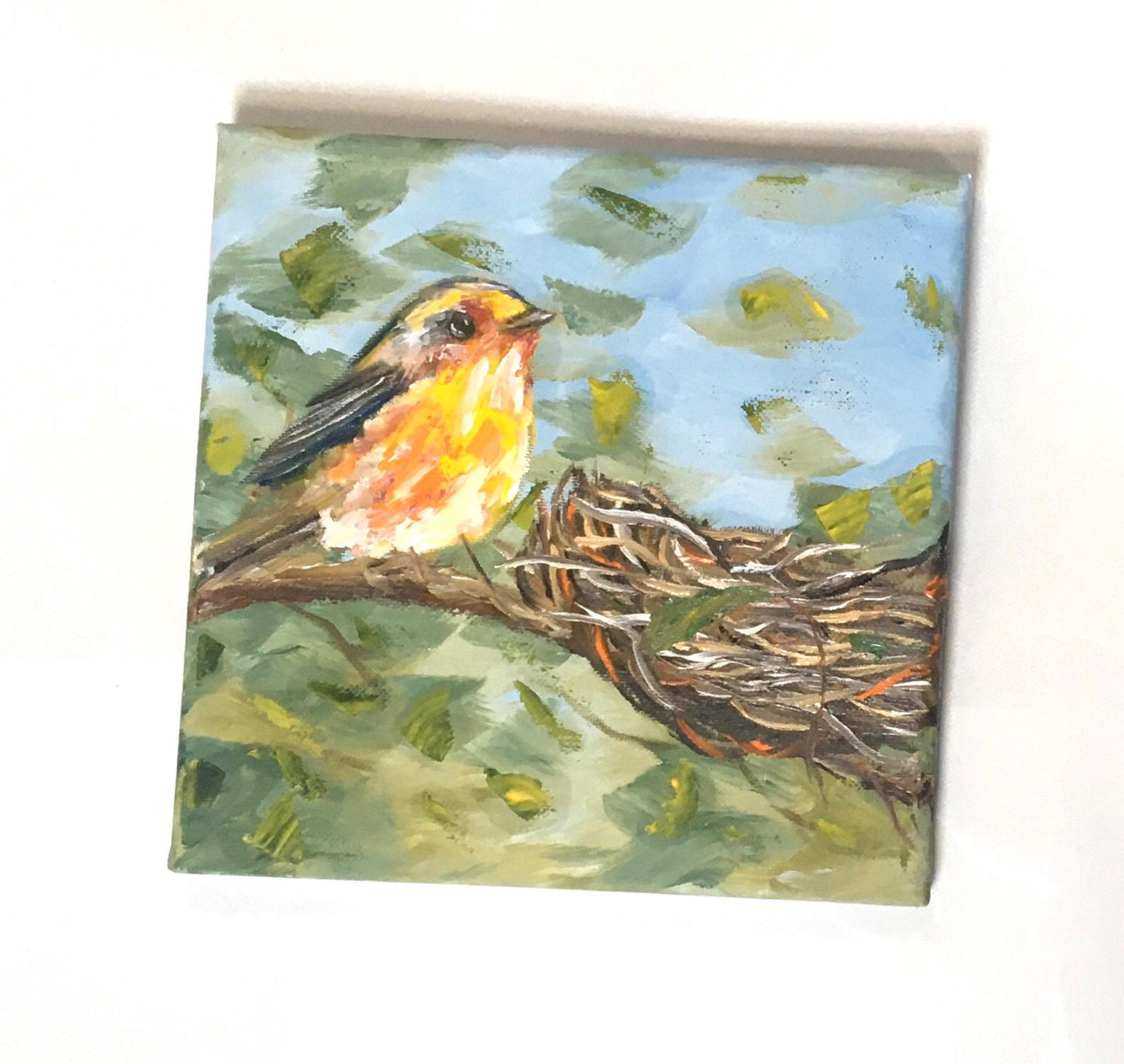 Original oil painting 8x8 inches bird nest art ready ooak wall hanging gift