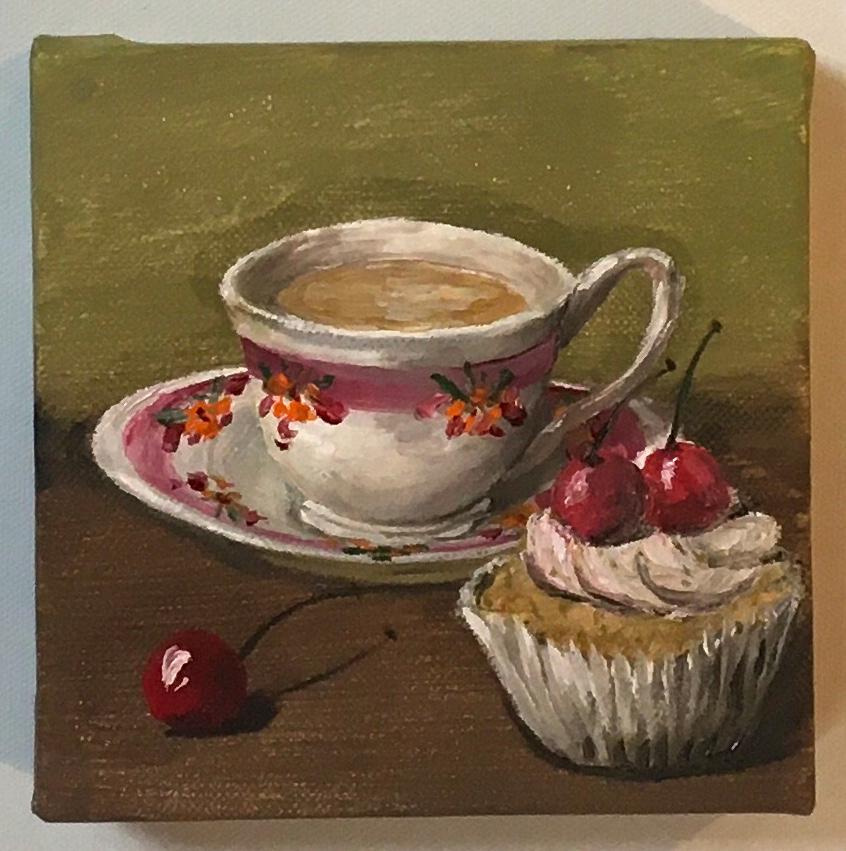 Tea and cupcake with cherries on top 6x6 inches Original oil painting art wall hanging desk decoration