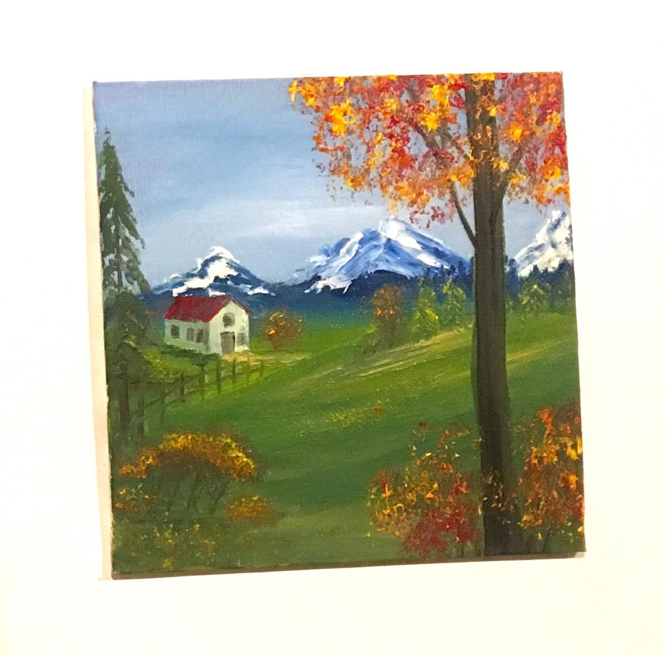Original 6x6 inches oil painting landscape mountain trees small canvas art