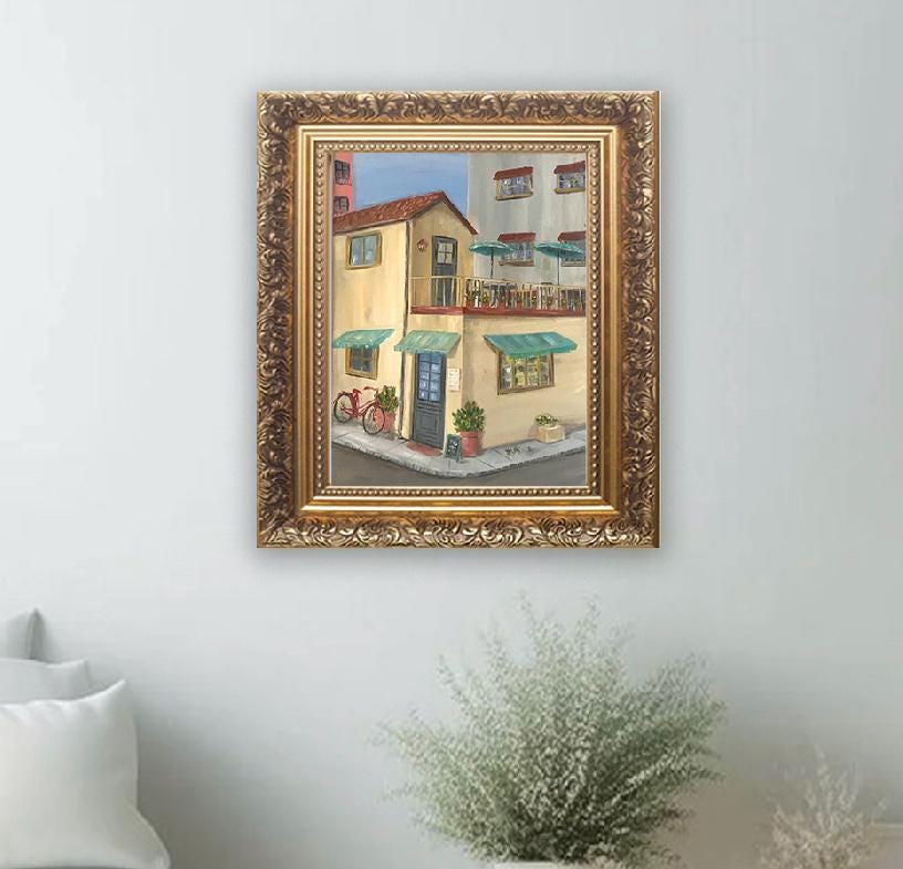 Rooftop restaurant sunny day 16x12 inches Original oil painting art wall hanging