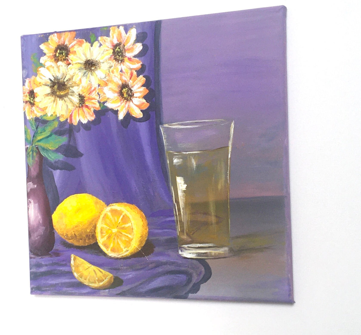 Original oil painting art lemon lemonade flowers still life kitchen food wall hanging