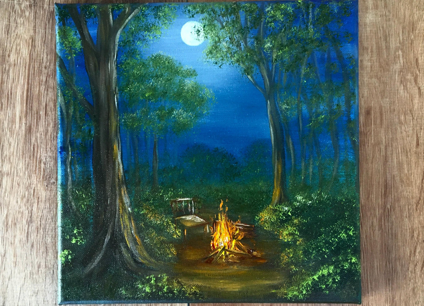 Stretched canvas 10x10 inches fire outside night full moon Original oil painting wall hanging