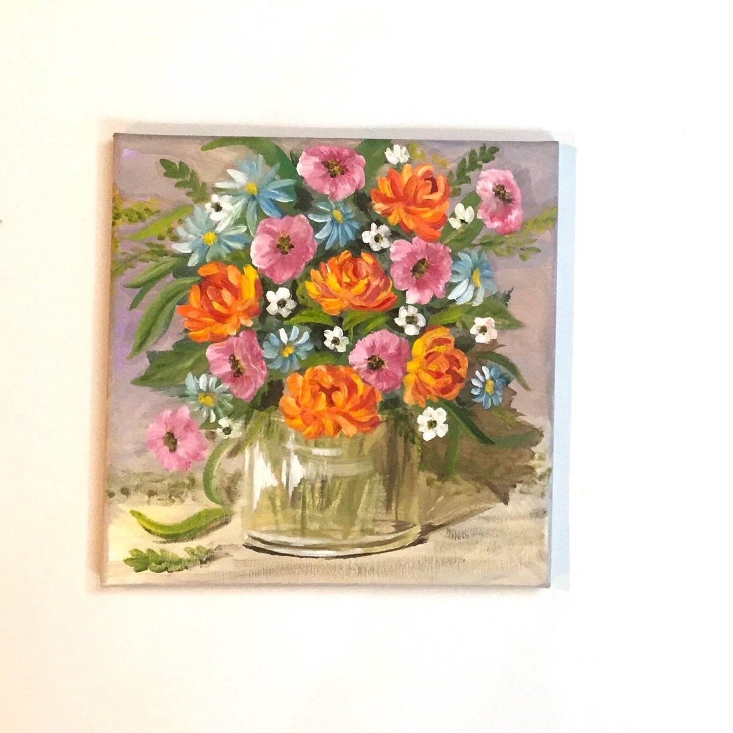 10x10 Original oil painting flowers in a vase art ready ooak wall hanging gift