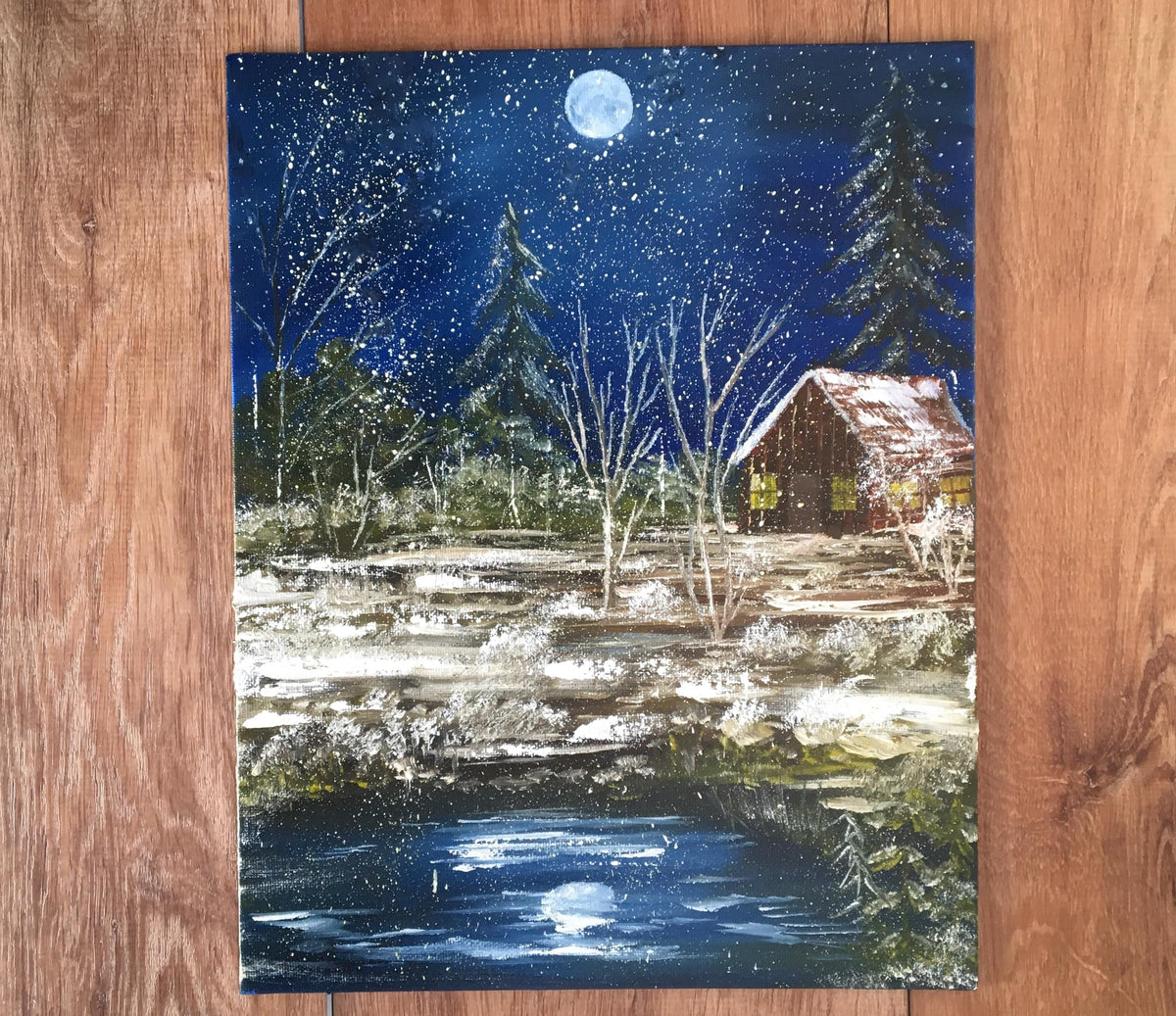 Original oil painting landscape winter night full moon outdoor art ready ooak wall hanging