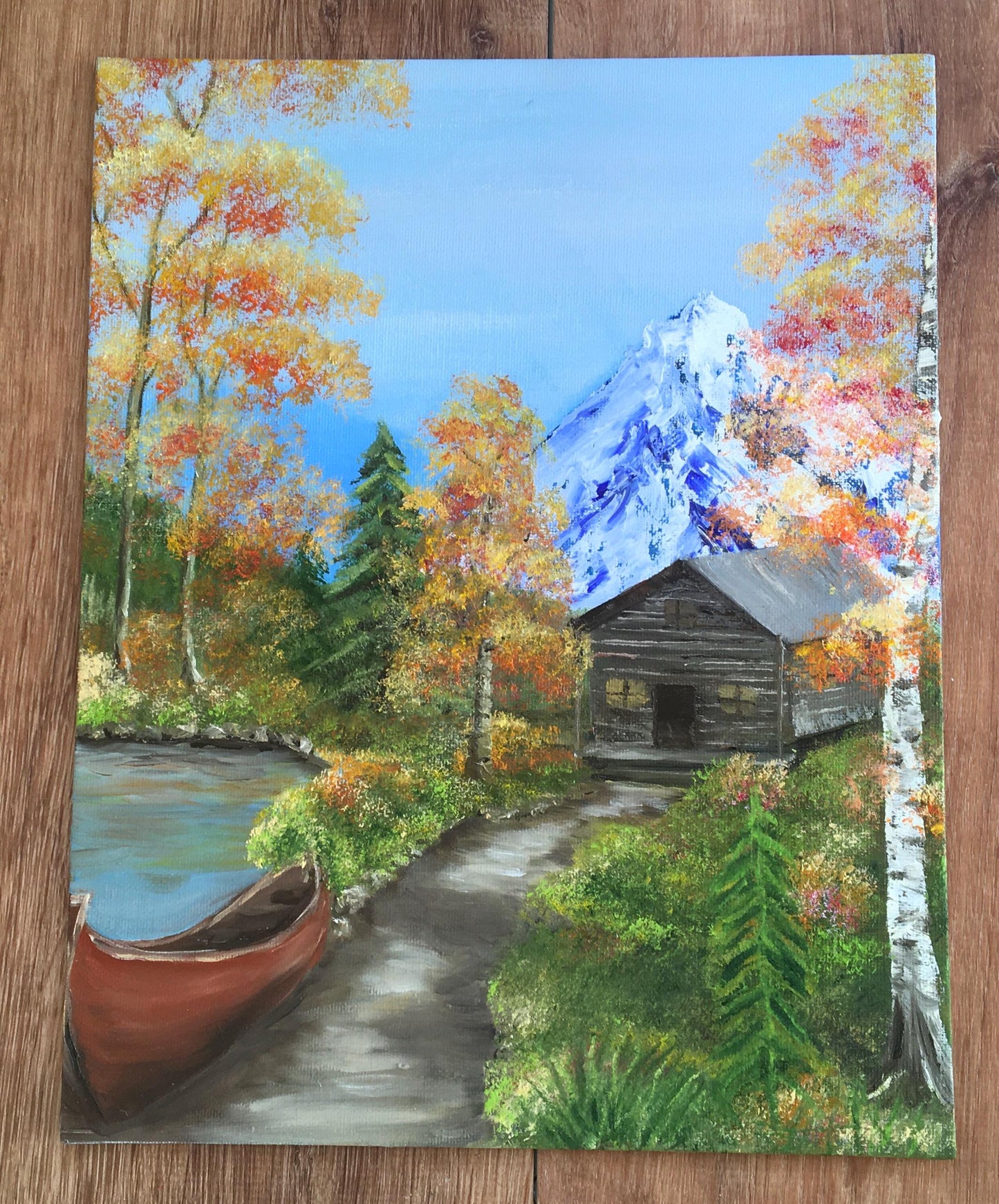 14x11 inches Landscape relaxing outdoor boat stream cottage trees Original oil painting art wall hanging