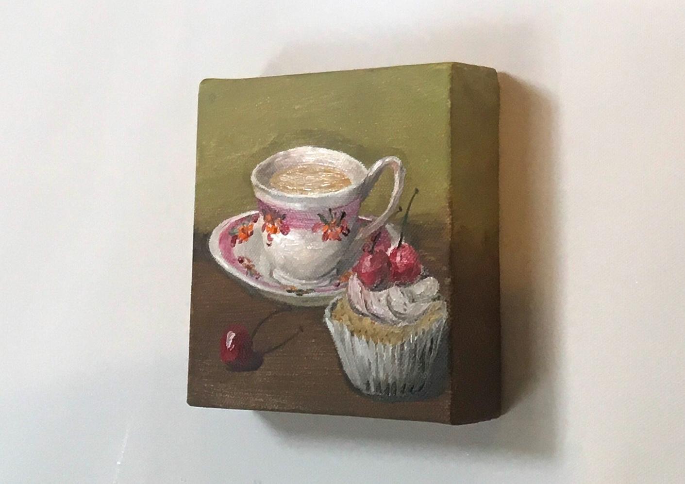 Tea and cupcake with cherries on top 6x6 inches Original oil painting art wall hanging desk decoration