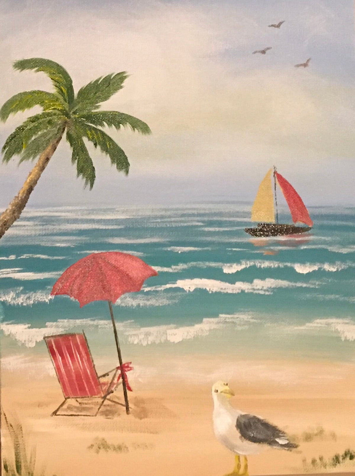 Original art beach seascape bird relaxing oil painting canvas board art wall hanging