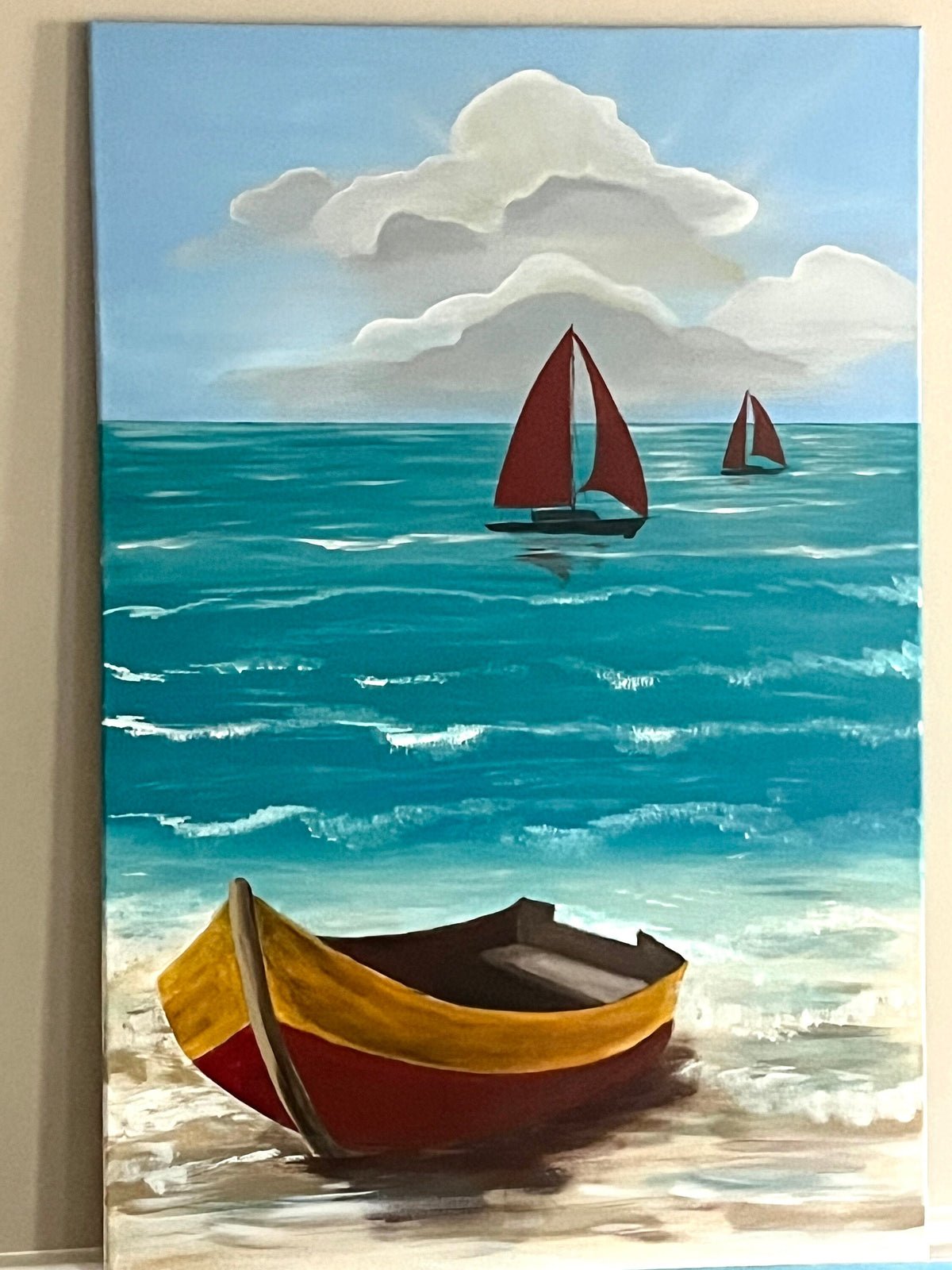 Original art beach seascape boat relaxing art painting canvas art wall hanging