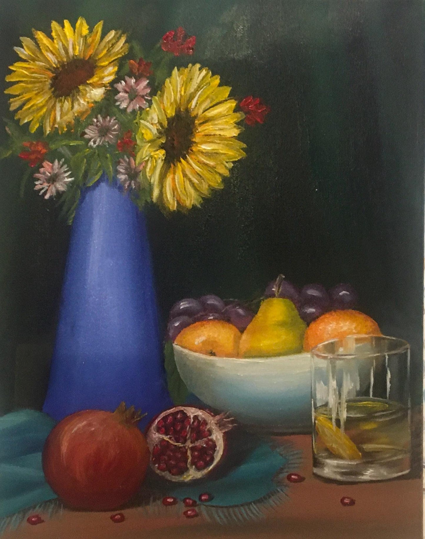 14x11 inches Original oil painting fruit bowl sunflowers vase kitchen art wall hanging