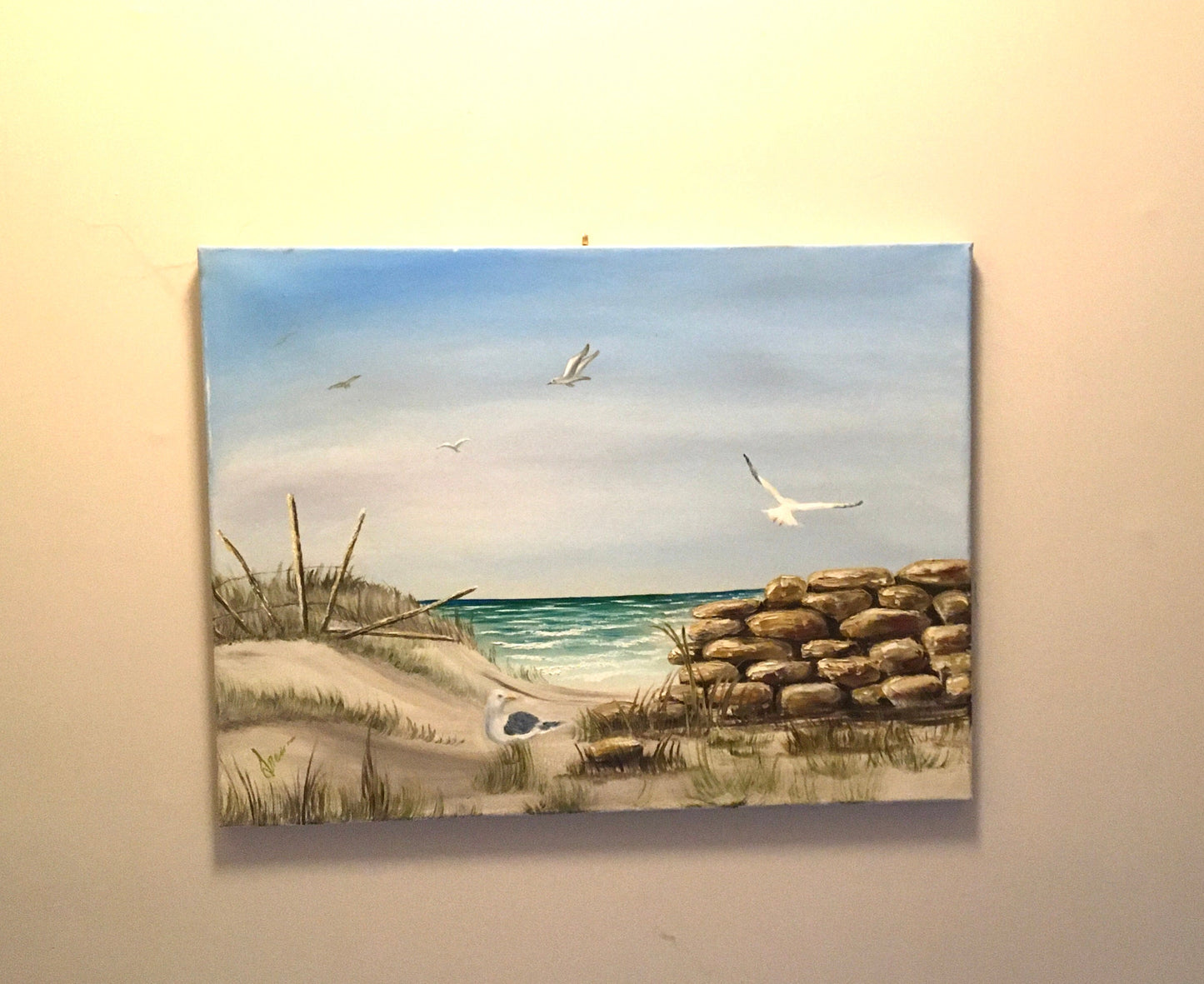 Original oil painting seascape seagulls beach vacation art wall hanging