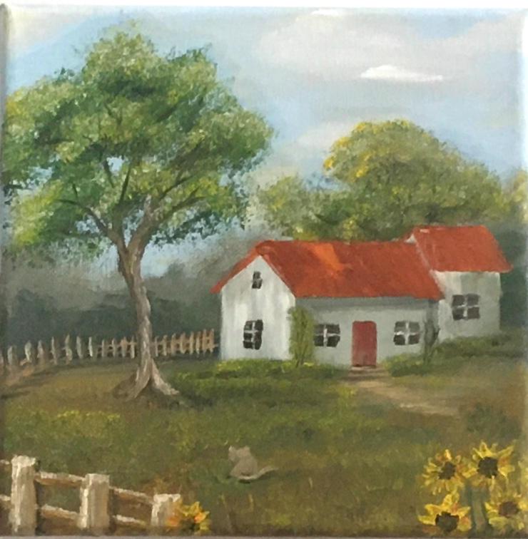 Landscape house cozy home outside flowers Original oil painting art wall hanging