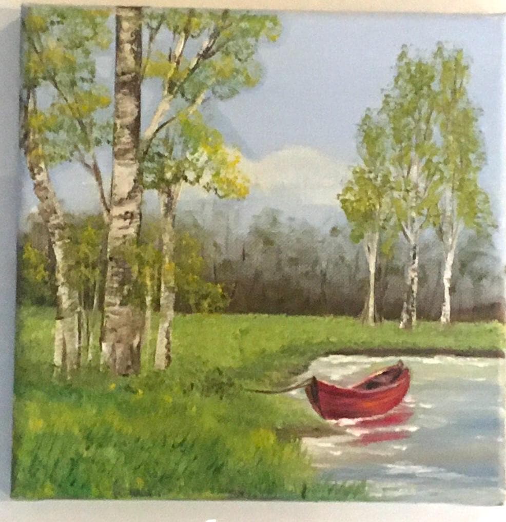 Original oil painting 8x8 inches landscape boat outdoors art ready ooak wall hanging gift