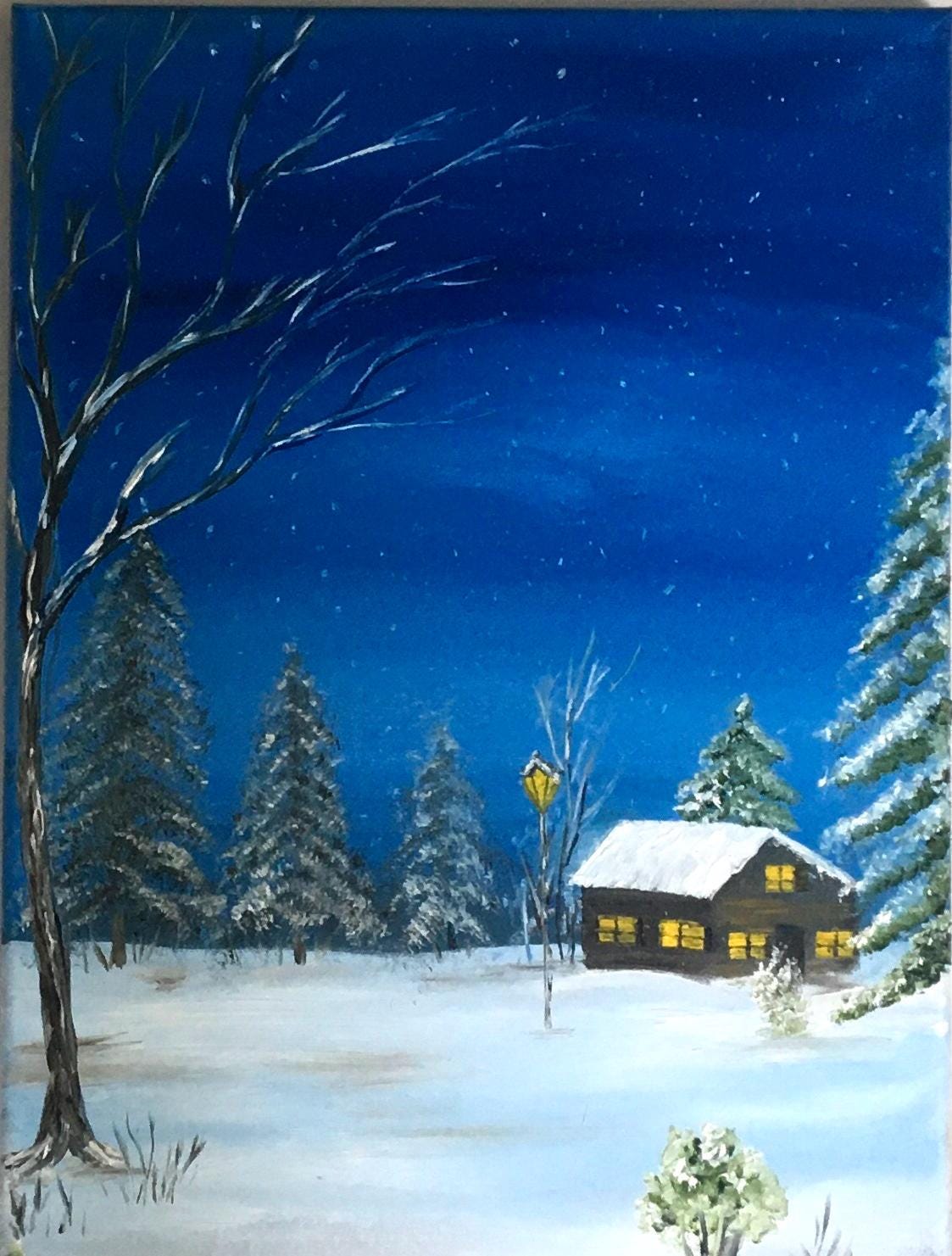 Landscape winter night 16x20 inches Original oil painting outdoor snow art wall hanging