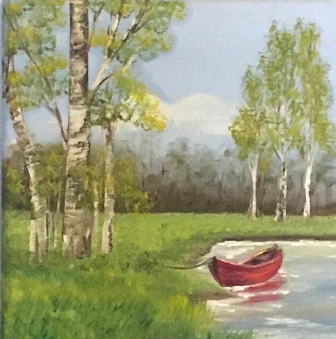 Original oil painting 8x8 inches landscape boat outdoors art ready ooak wall hanging gift