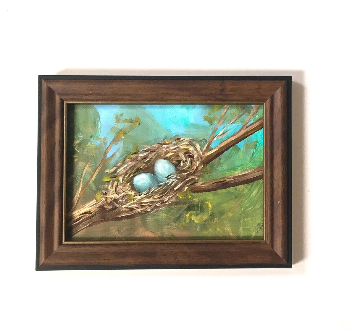 Two eggs in a nest Original oil painting outdoor happy family art wall hanging