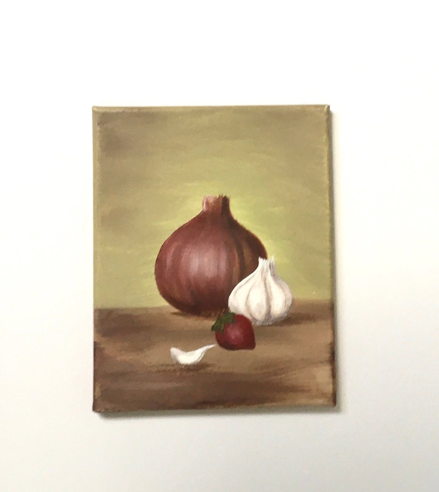 Original oil painting art onion garlic with a strawberry kitchen food wall hanging