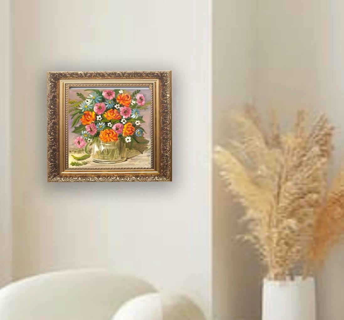 10x10 Original oil painting flowers in a vase art ready ooak wall hanging gift
