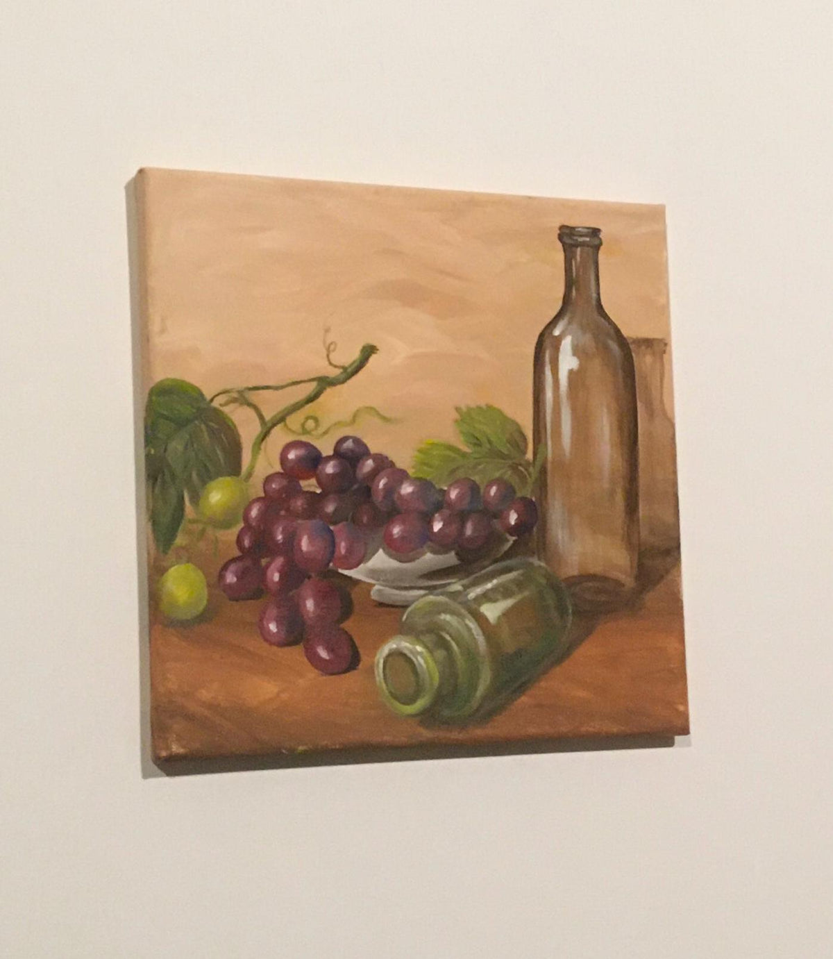 Original oil painting bottles grapes kitchen food art ready ooak wall hanging gift