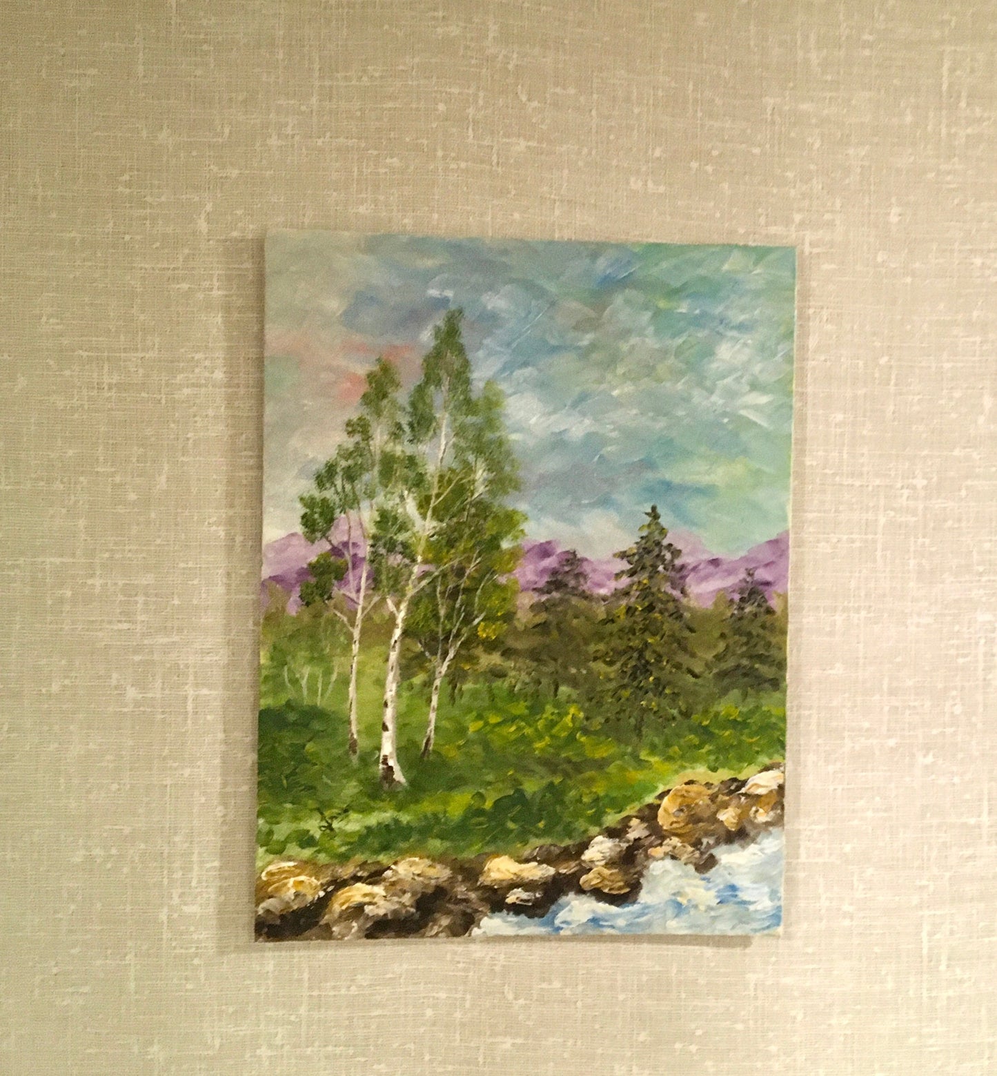 Original oil painting landscape tree stream mountains wall hanging