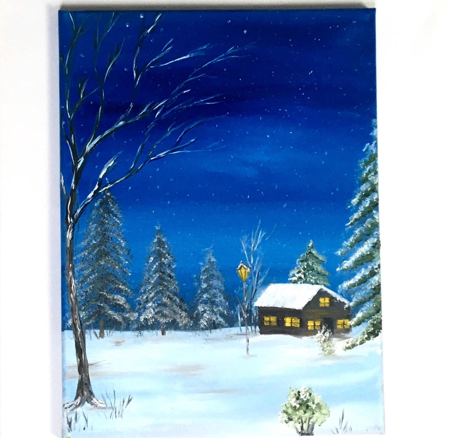 Landscape winter night 16x20 inches Original oil painting outdoor snow art wall hanging