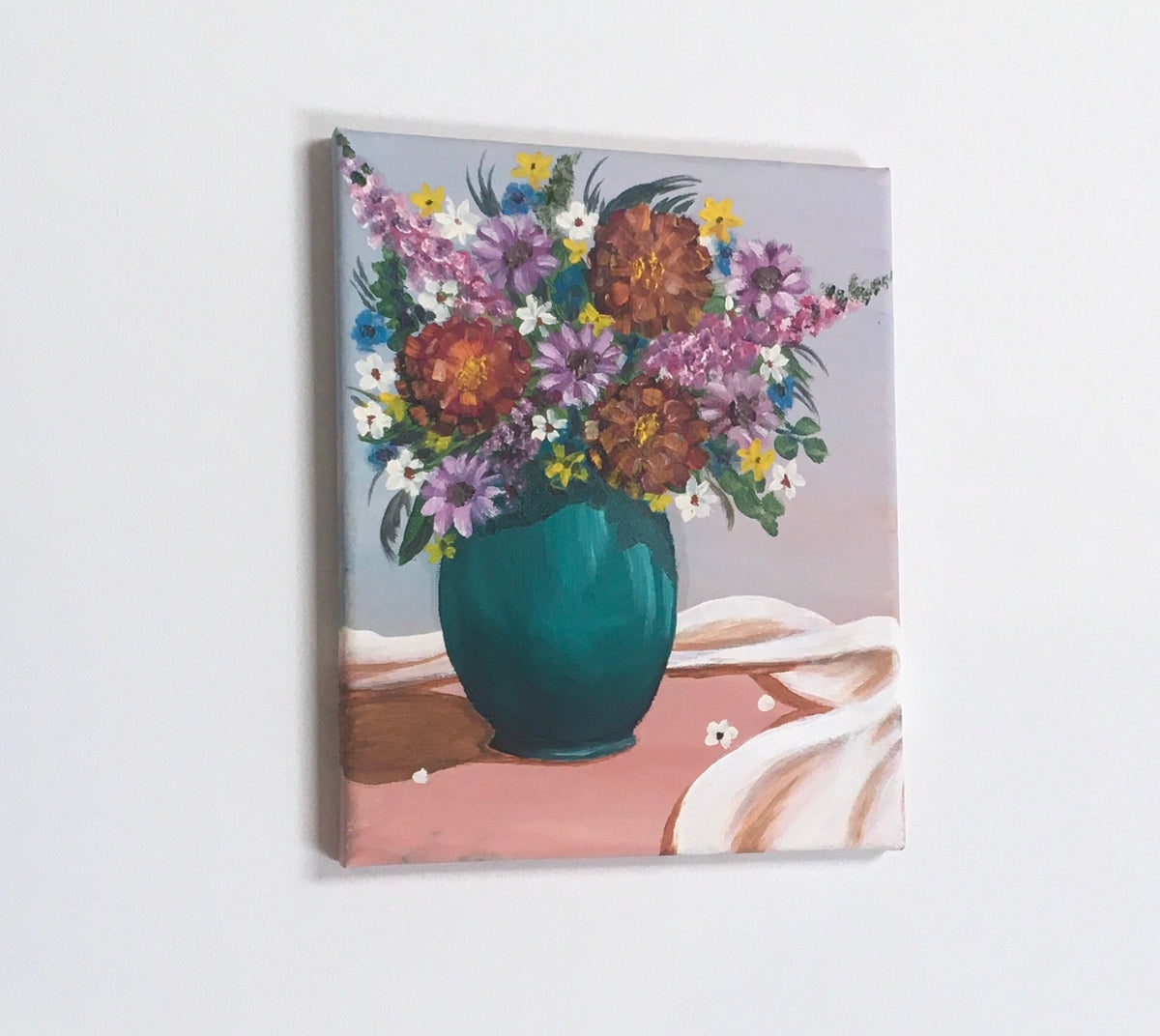 Original oil painting still life art flowers bouquet wall hanging