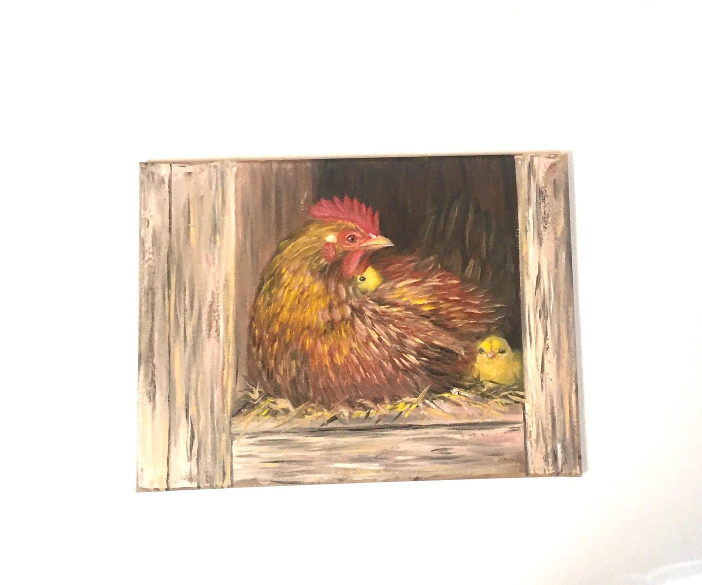 Mother hen chicks 16x12 inches Original oil painting art wall hanging