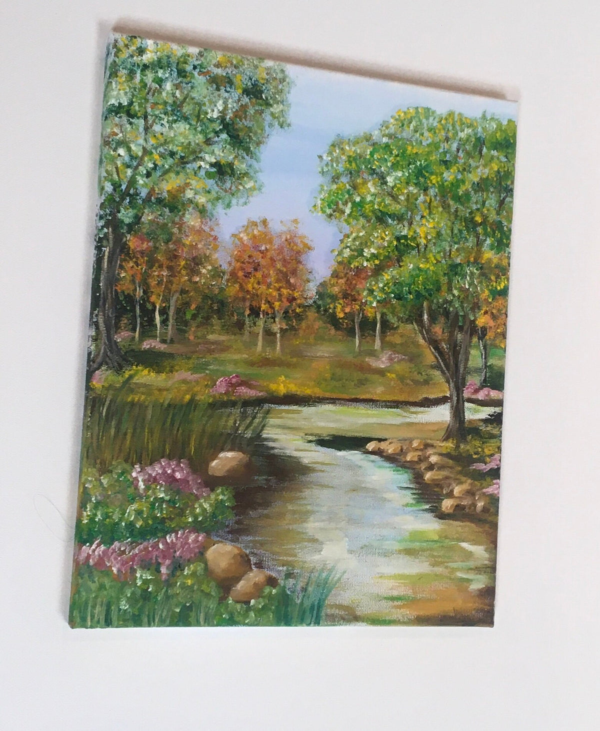 Landscape relaxing outdoor stream trees Original oil painting art wall hanging