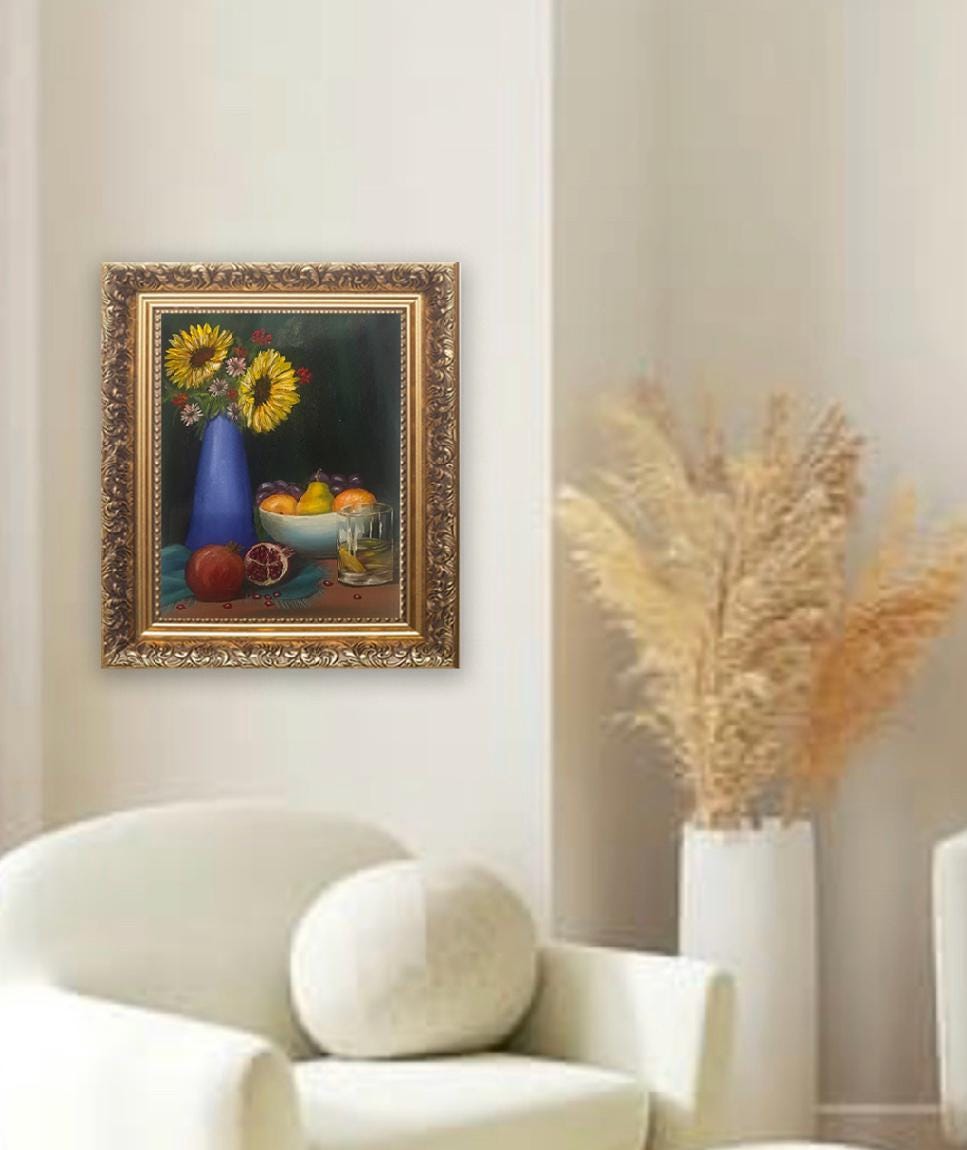 14x11 inches Original oil painting fruit bowl sunflowers vase kitchen art wall hanging