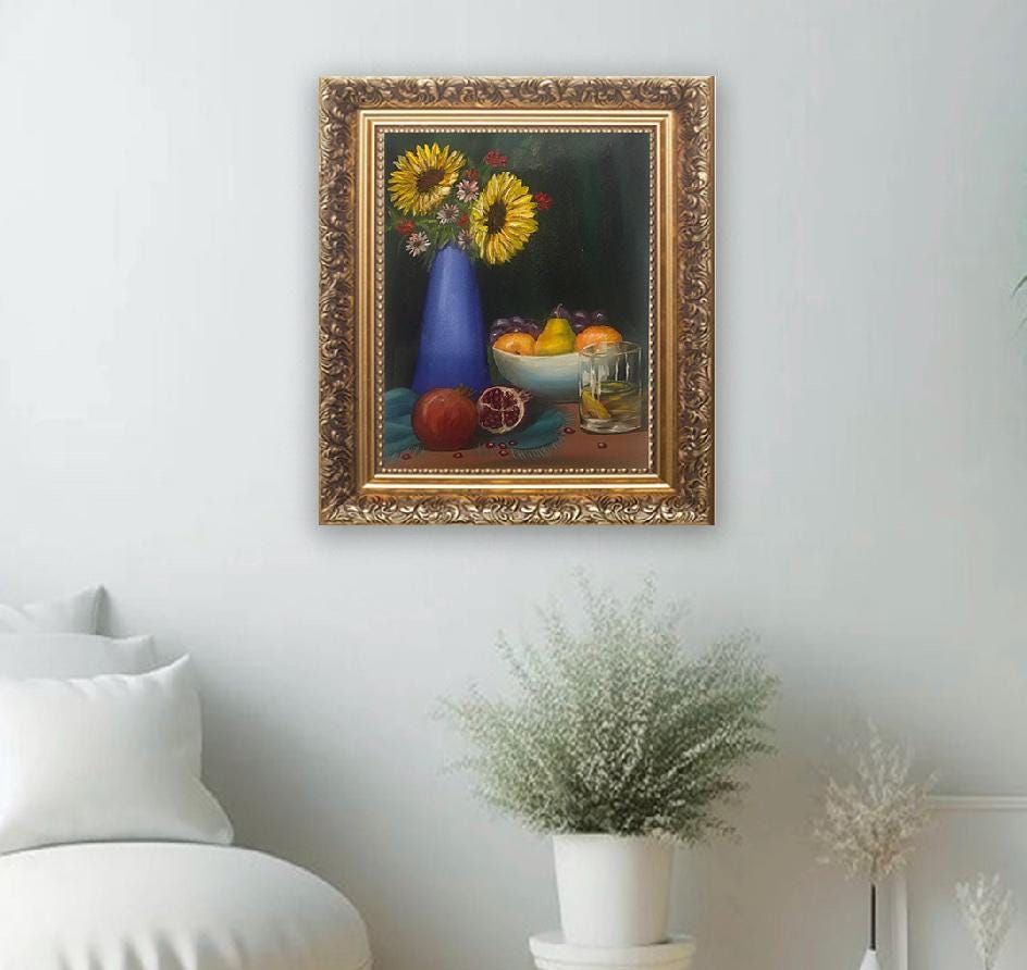 14x11 inches Original oil painting fruit bowl sunflowers vase kitchen art wall hanging