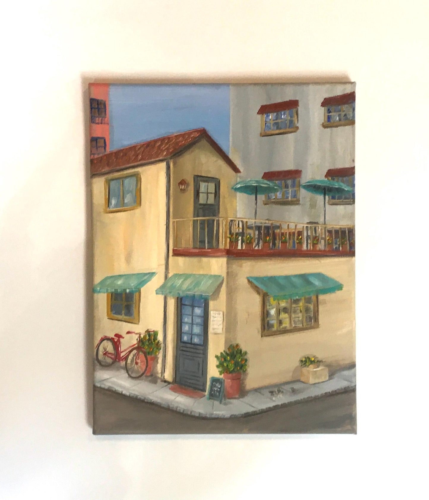 Rooftop restaurant sunny day 16x12 inches Original oil painting art wall hanging