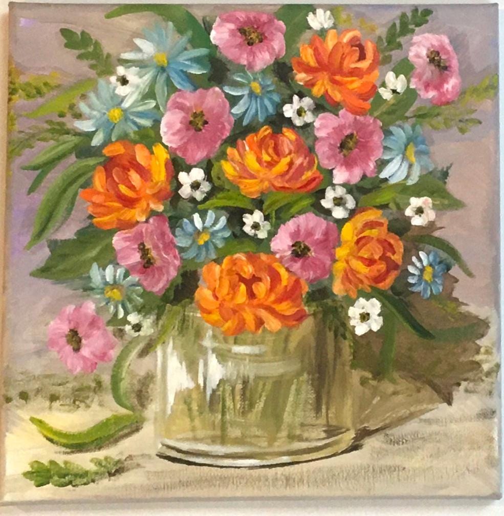 10x10 Original oil painting flowers in a vase art ready ooak wall hanging gift