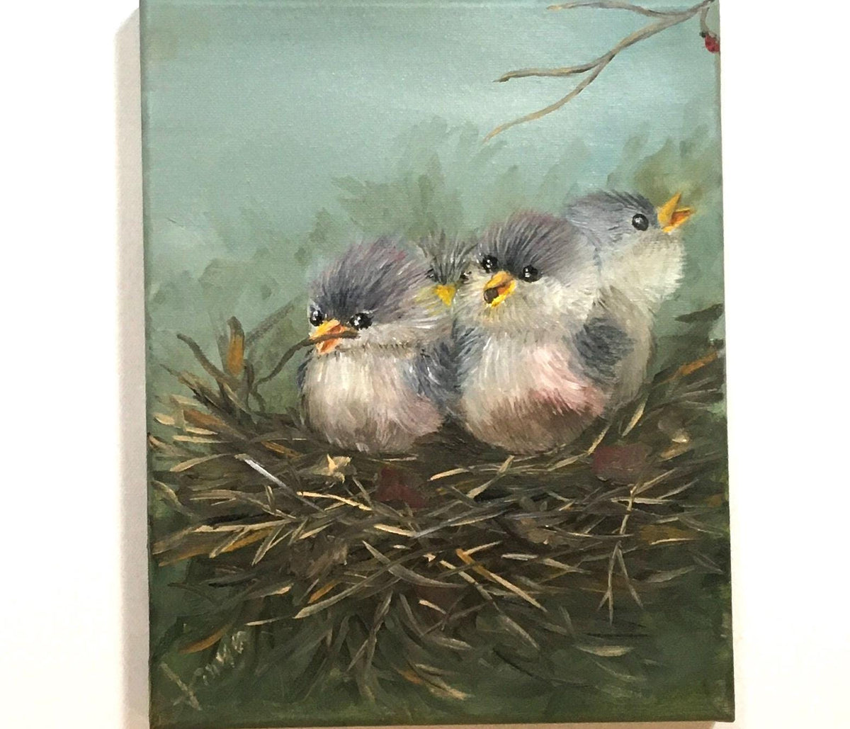 Original oil painting baby birds in a nest art ready ooak wall hanging gift