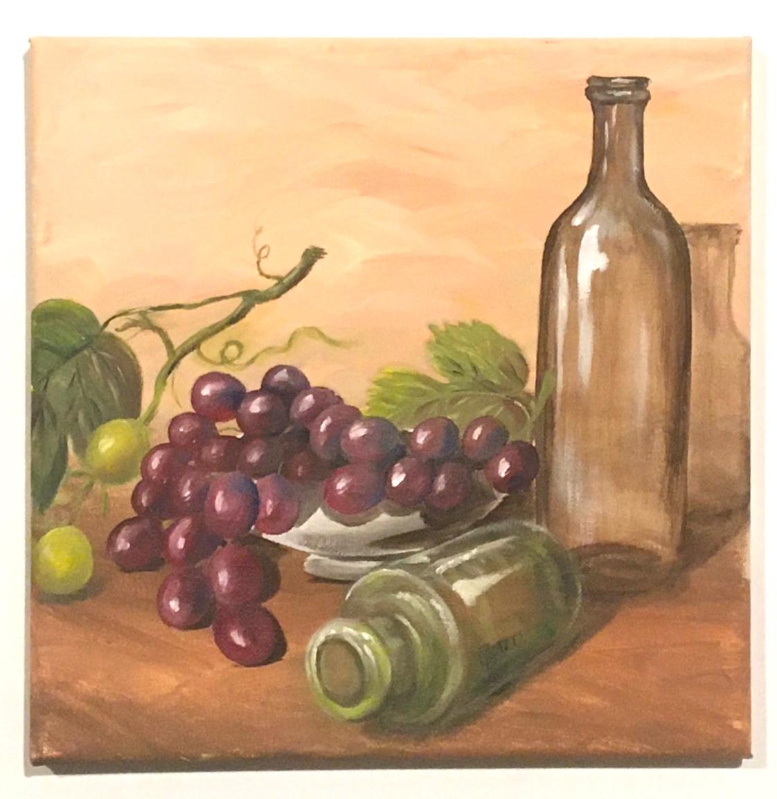 Original oil painting bottles grapes kitchen food art ready ooak wall hanging gift