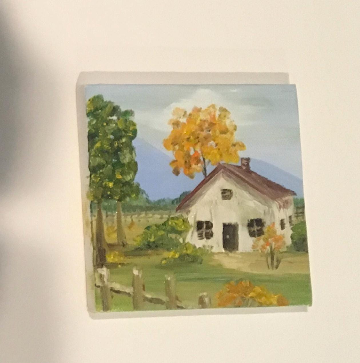 Landscape house 4x4 inches Original oil painting art wall hanging