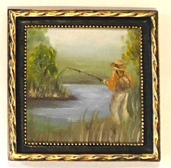 Man fishing Landscape Original oil painting art wall hanging or on desk