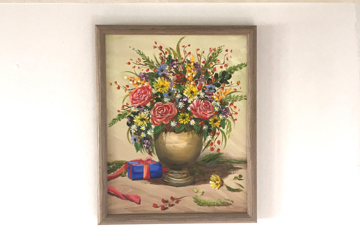 Original oil painting colorful flowers in a vase art ready ooak wall hanging gift