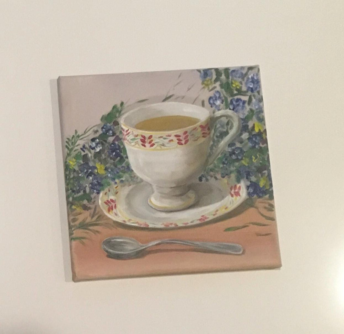 Original 10x10 oil painting tea cup flowers kitchen art ready ooak wall hanging gift