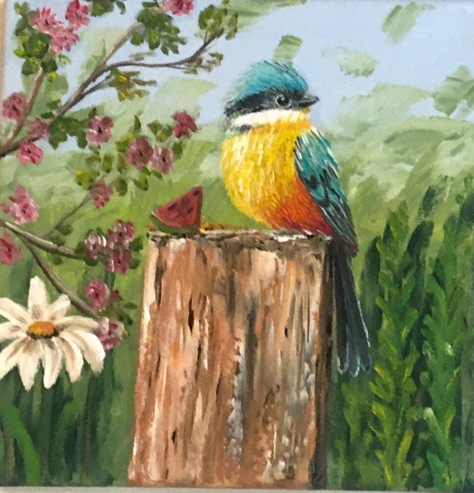 10x10 Original oil painting bird outside art ready ooak wall hanging gift