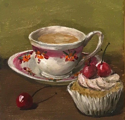 Tea and cupcake with cherries on top 6x6 inches Original oil painting art wall hanging desk decoration