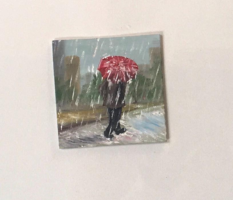 Walking holding umbrella in rain 4x4 inches Original oil painting art wall hanging or on desk