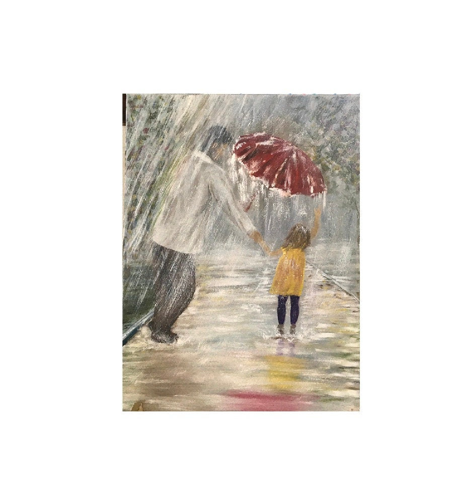 Original oil painting father daughter fainting child playing landscape art ready ooak wall hanging gift