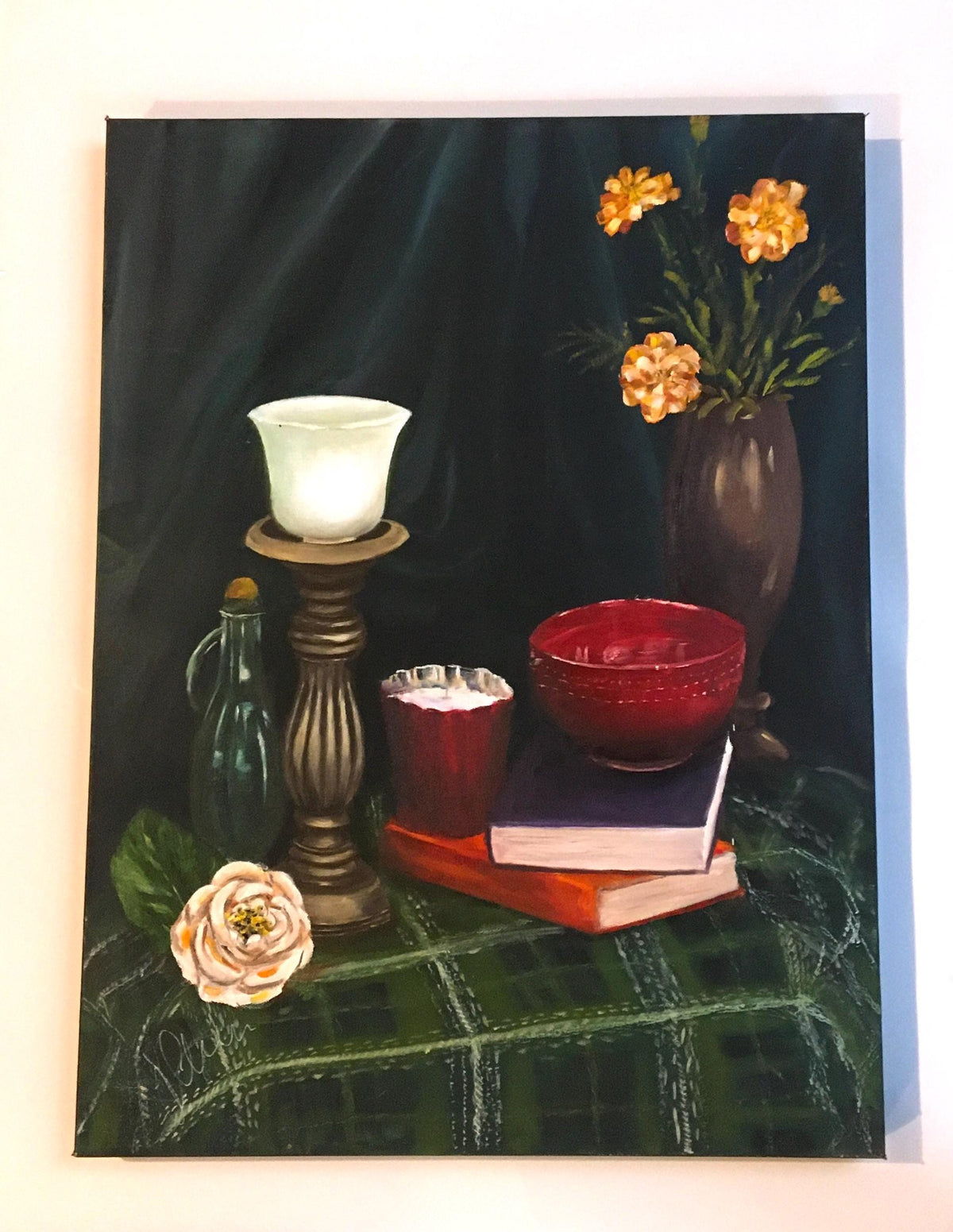 Original oil painting still life flowers art ready ooak wall hanging