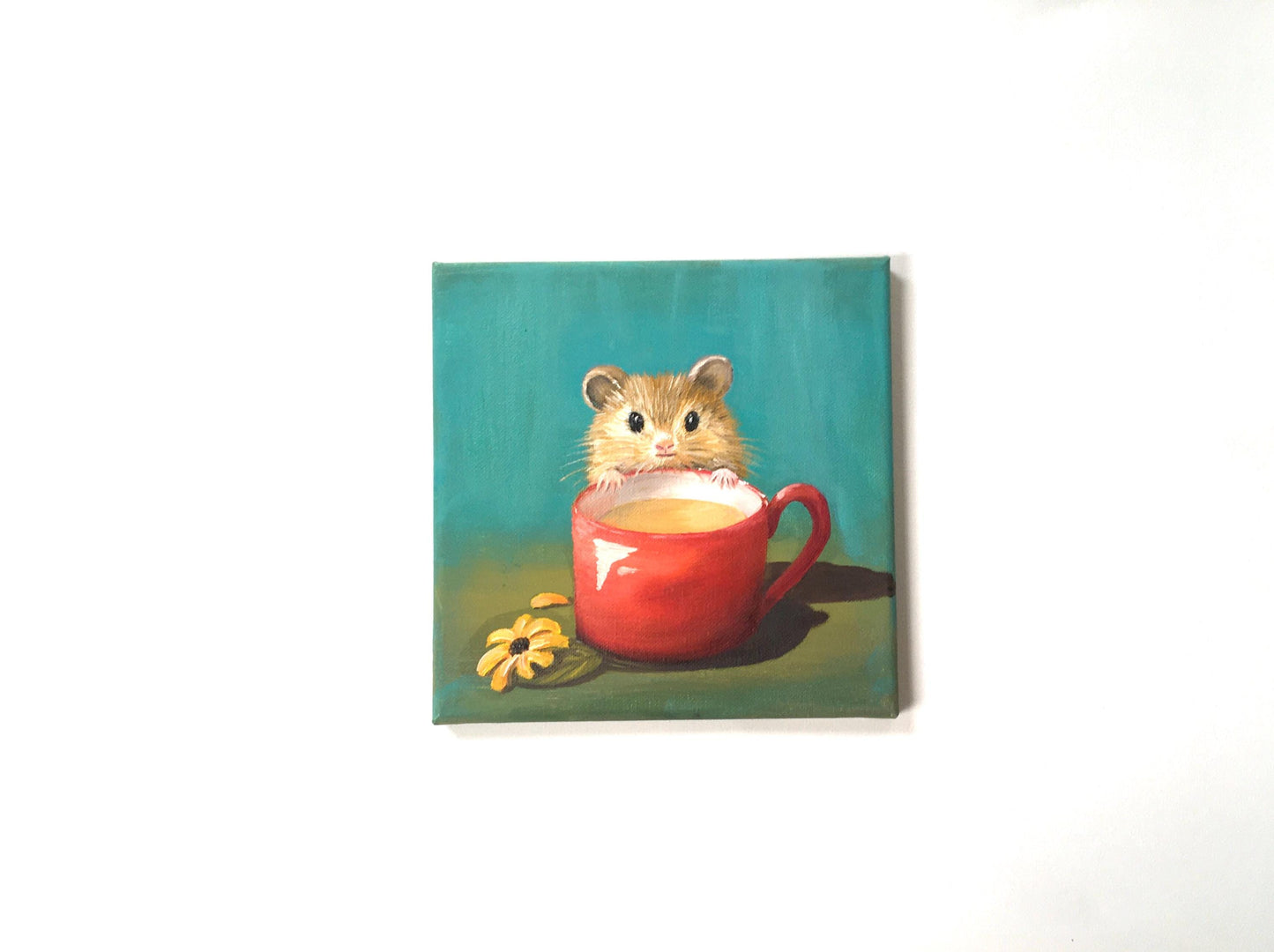 Original oil painting 8x8 inches pet hamster red cup art ready ooak wall hanging gift