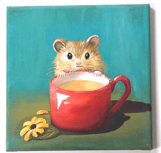 Original oil painting 8x8 inches pet hamster red cup art ready ooak wall hanging gift