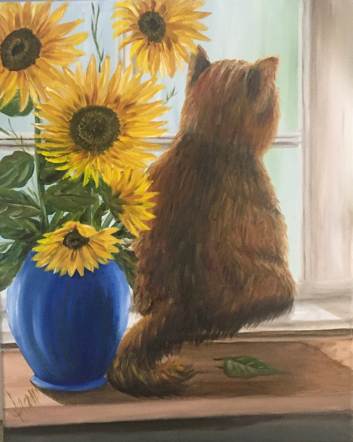 Original oil painting cat in widow sunflowers art ready ooak wall hanging gift