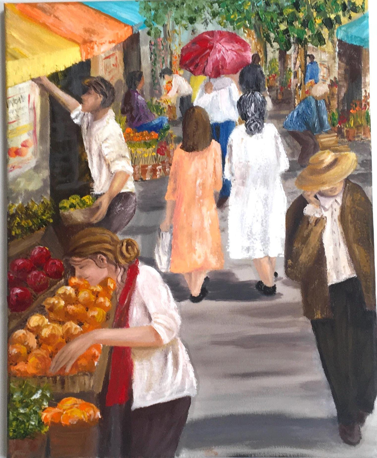 Farmers market shops 16x20 inches Original oil painting art wall hanging