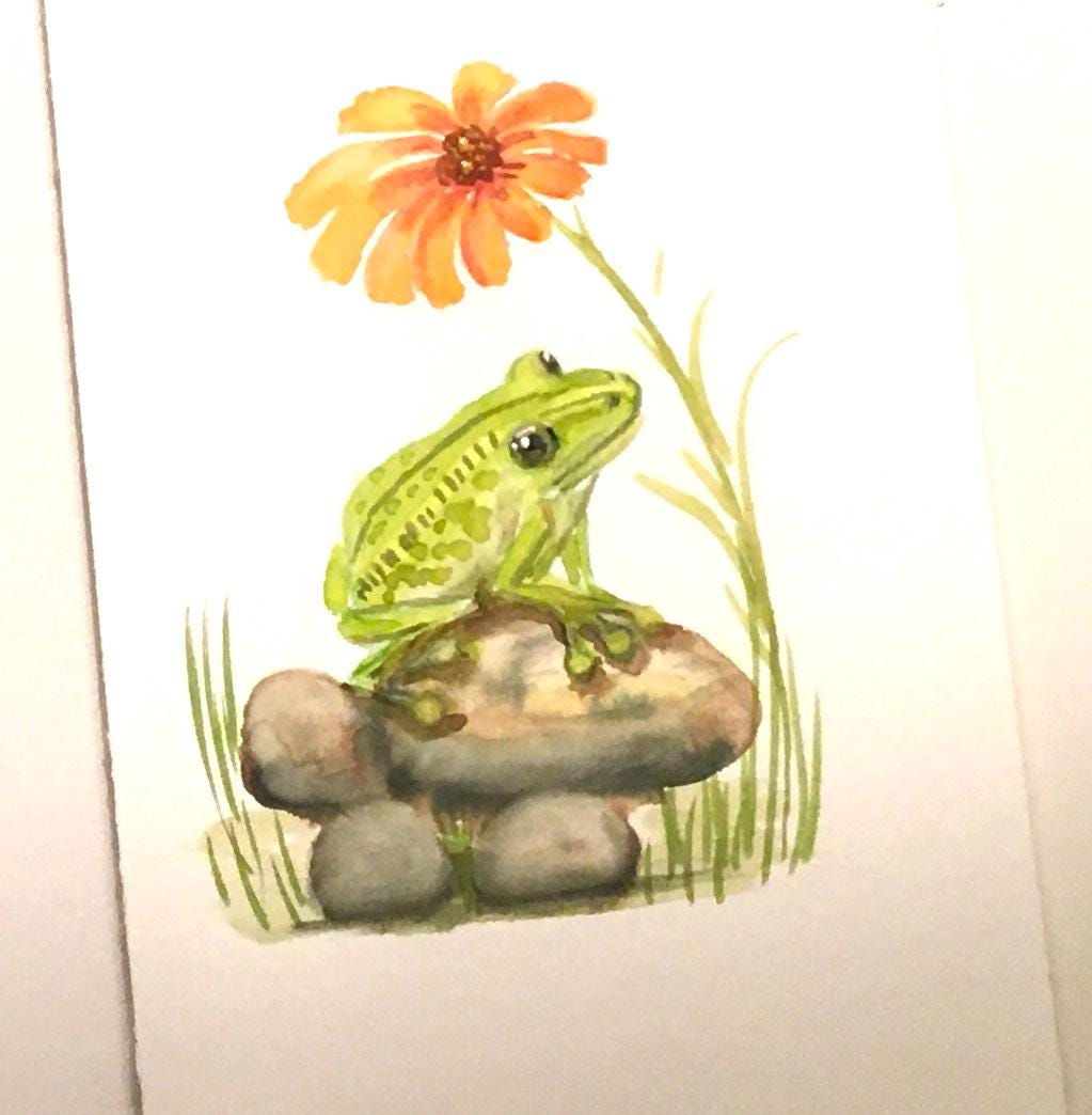 Frog on rocks under flower 7x10 inches Original painting watercolor art (not print)