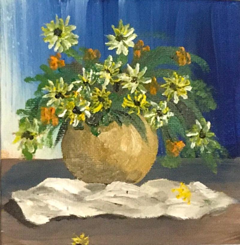 Original 4x4 oil painting still life flowers daisies small canvas art