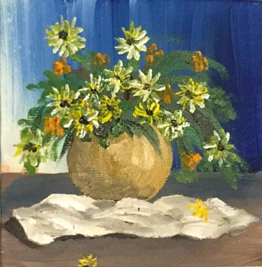 Original 4x4 oil painting still life flowers daisies small canvas art