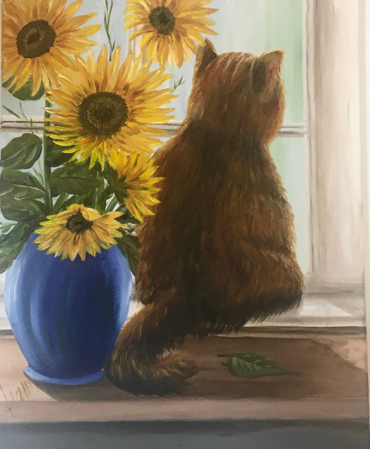 Original oil painting cat in widow sunflowers art ready ooak wall hanging gift